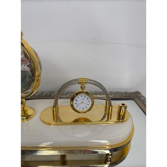Vintage Semi-Precious Gemstone Globe with Clock Business Card & Pen Holder, Desk - Picture 7 of 10